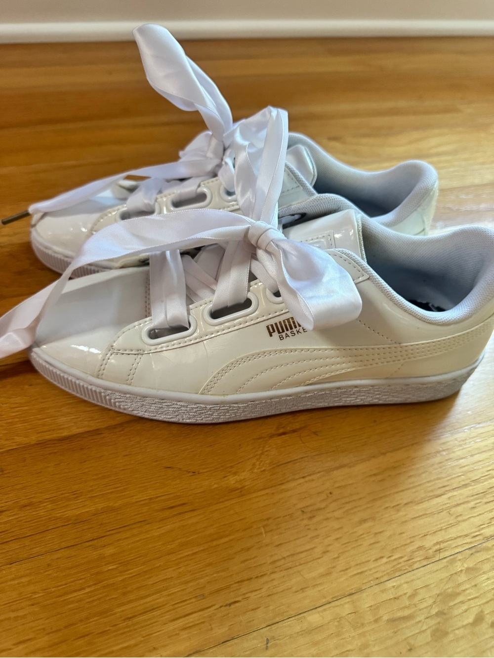 PUMA White Patent Leather Basket Sneakers with Satin Laces